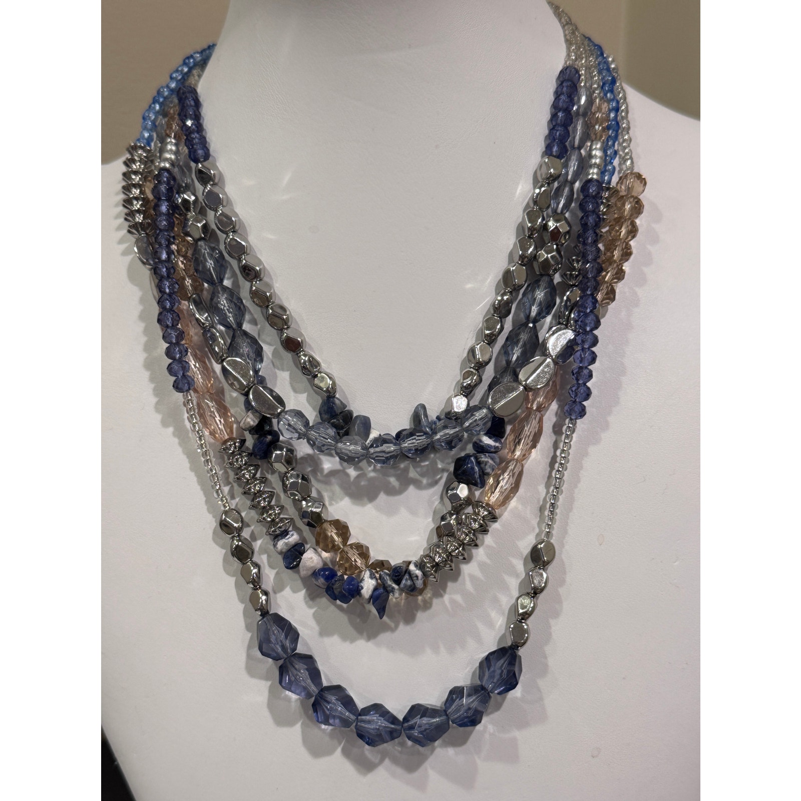 Premiere Designs Blue & Silver Bead Multi-Strand Statement Necklace Boho